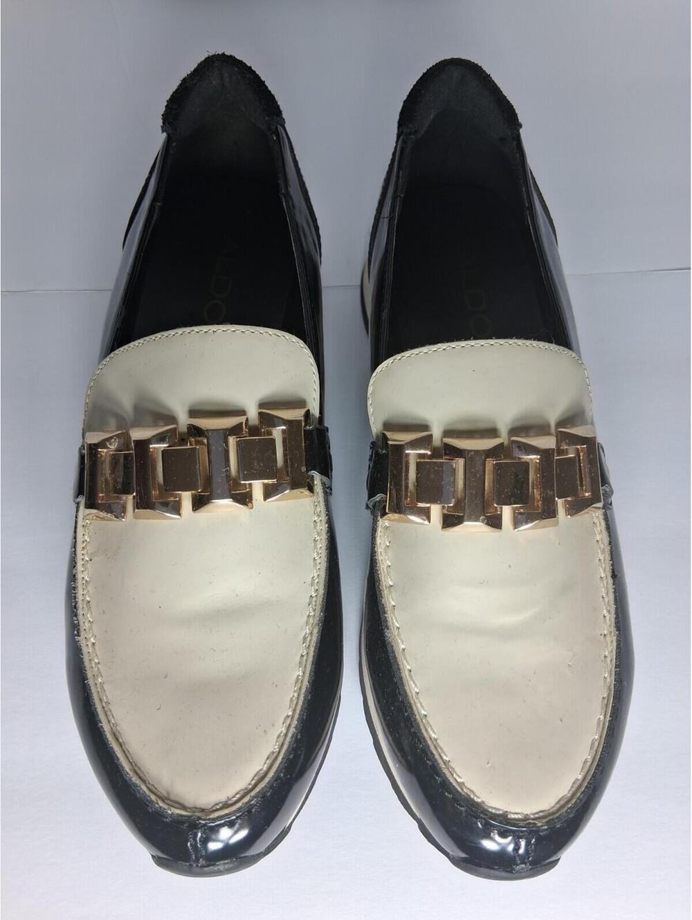 Aldo Women’s Dyann-88 Ivory Black Gold Detail Loafers, Size 7